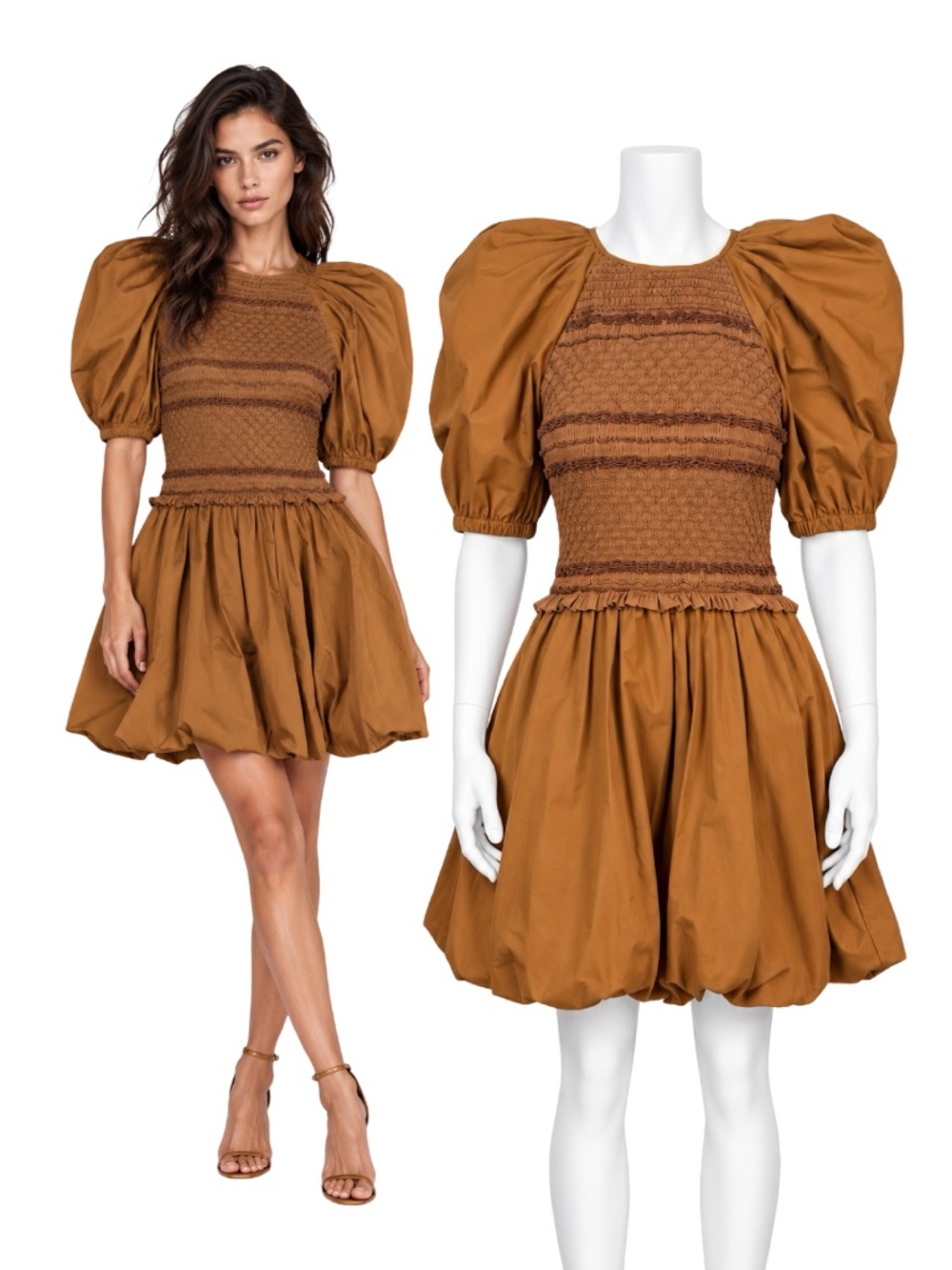Ulla Johnson Mustard Smocked Puff Sleeve Bubble Mini Dress XS New